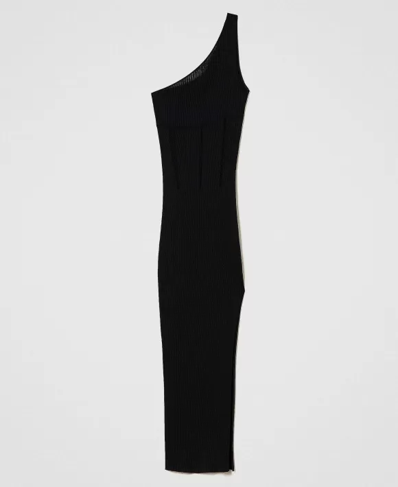 TWINSET Milano Abito Lungo Monospalla A Coste Nero Fashion