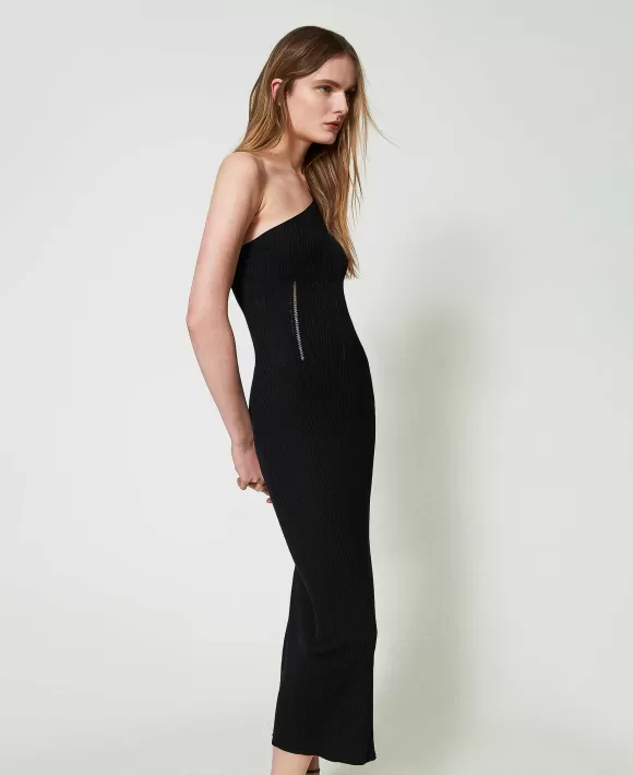 TWINSET Milano Abito Lungo Monospalla A Coste Nero Fashion