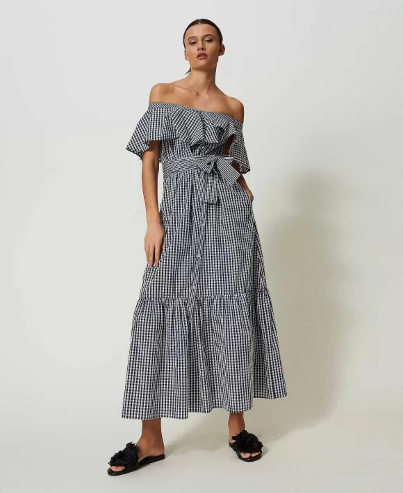 TWINSET Milano Abito Lungo Vichy Con Balze Bianco Online