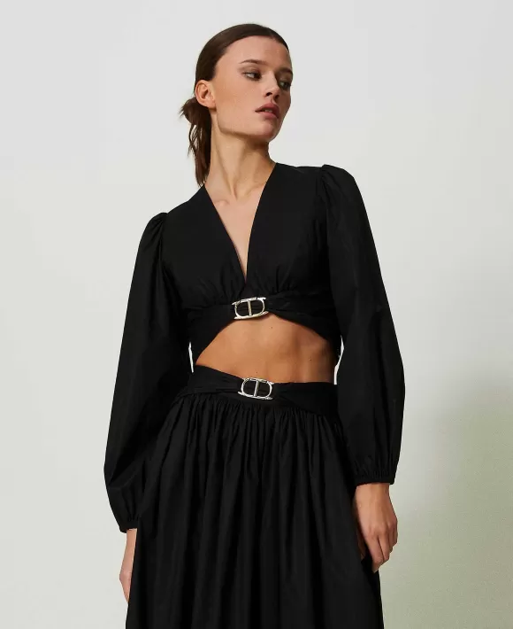 TWINSET Milano Blusa Cropped In Popeline Con Oval T Nero Cheap
