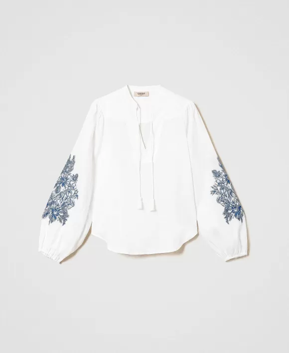 TWINSET Milano Blusa In Lino Con Ricamo Floreale Bianco Online