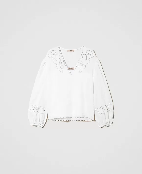 TWINSET Milano Blusa In Lino Con Ricamo Sangallo Bianco Fashion