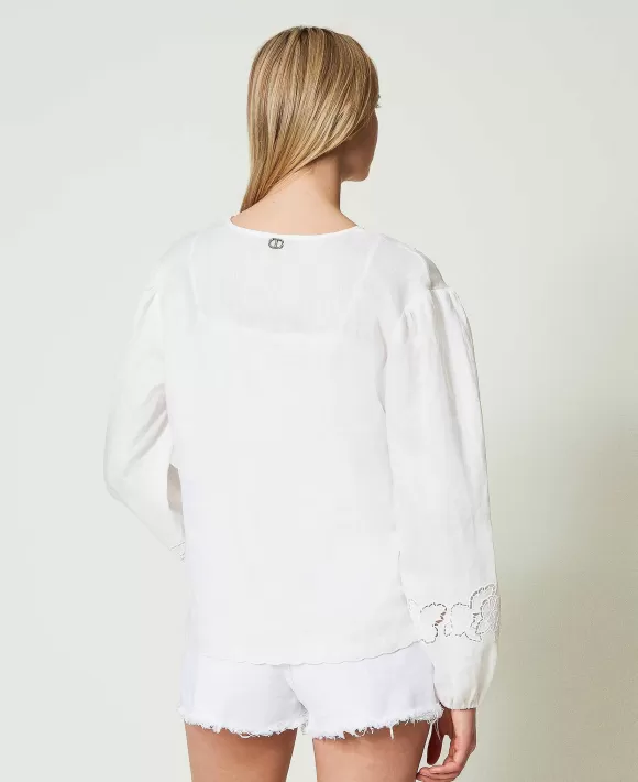 TWINSET Milano Blusa In Lino Con Ricamo Sangallo Bianco Fashion