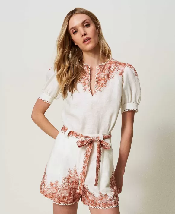 TWINSET Milano Blusa In Lino Con Stampa A Fiori Bianco New