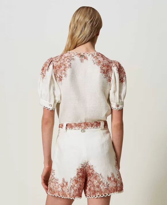 TWINSET Milano Blusa In Lino Con Stampa A Fiori Bianco New