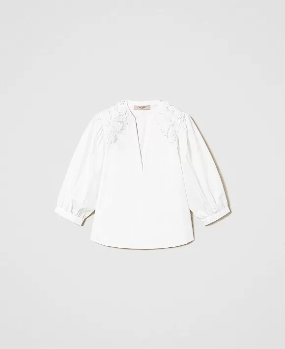 TWINSET Milano Blusa In Popeline Con Patch Floreali Bianco Clearance