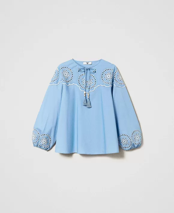 TWINSET Milano Blusa In Popeline Con Ricamo Sangallo Azzurro Fashion