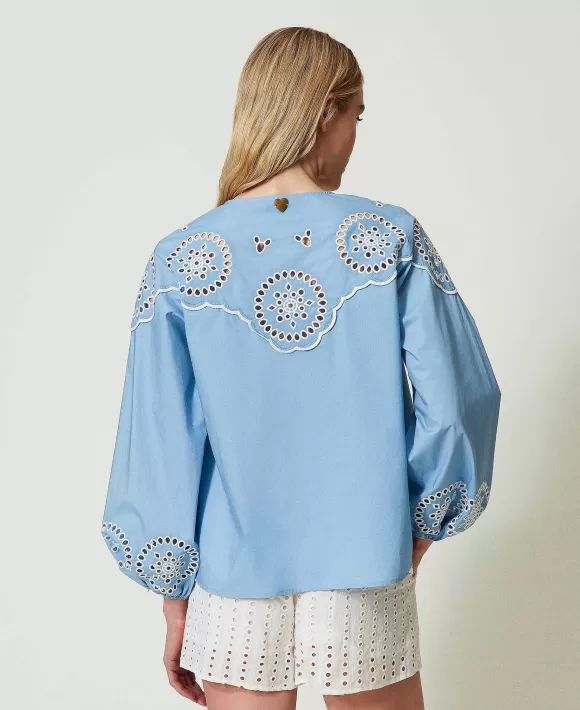 TWINSET Milano Blusa In Popeline Con Ricamo Sangallo Azzurro Fashion