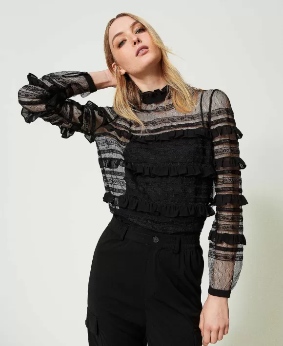 TWINSET Milano Blusa In Tulle Plumetis E Pizzo Nero Discount