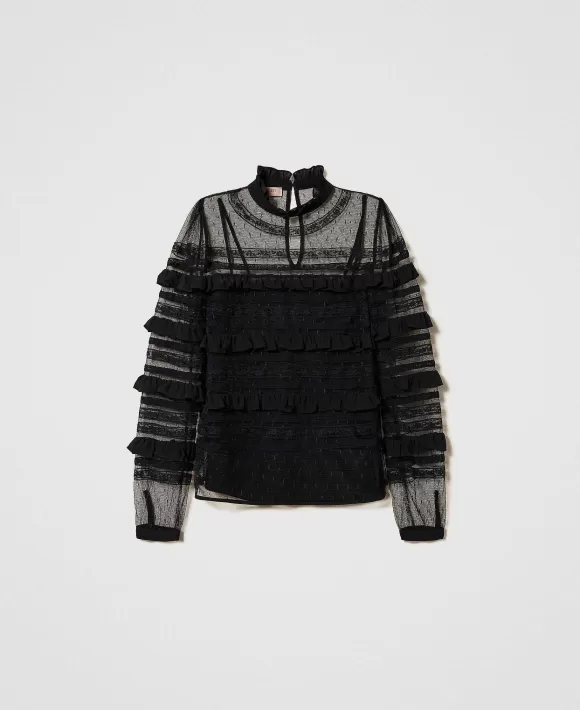 TWINSET Milano Blusa In Tulle Plumetis E Pizzo Nero Discount