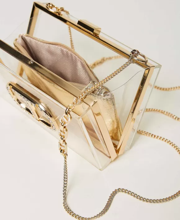 TWINSET Milano Borsa Clutch In Plexiglass Con Oval T In Strass Bianco New