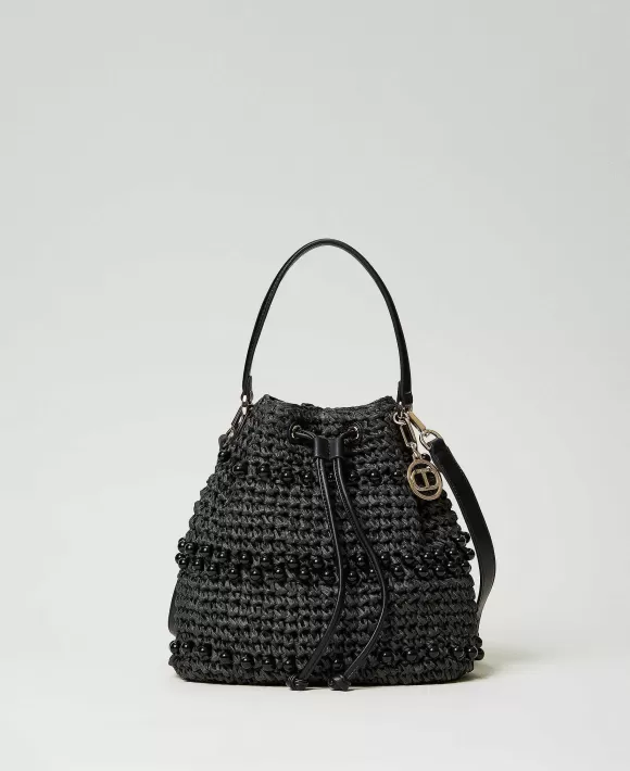 TWINSET Milano Borsa Secchiello In Rafia Crochet Con Perle Nero Online