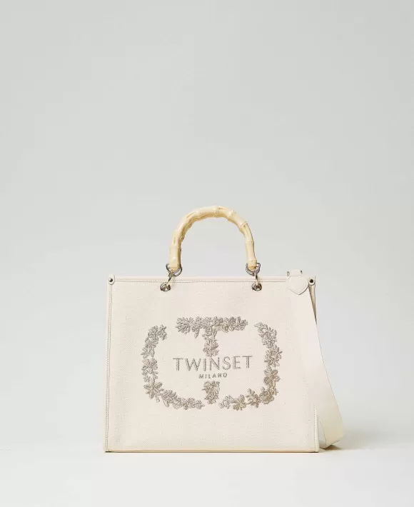 TWINSET Milano Borsa Shopper 'Bloom' In Canvas Con Ricamo Oval T Beige Online