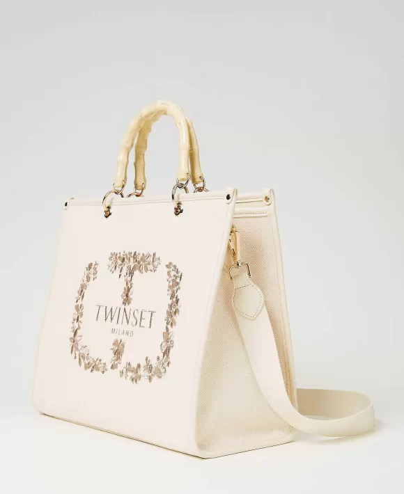 TWINSET Milano Borsa Shopper 'Bloom' In Canvas Con Ricamo Oval T Beige Online