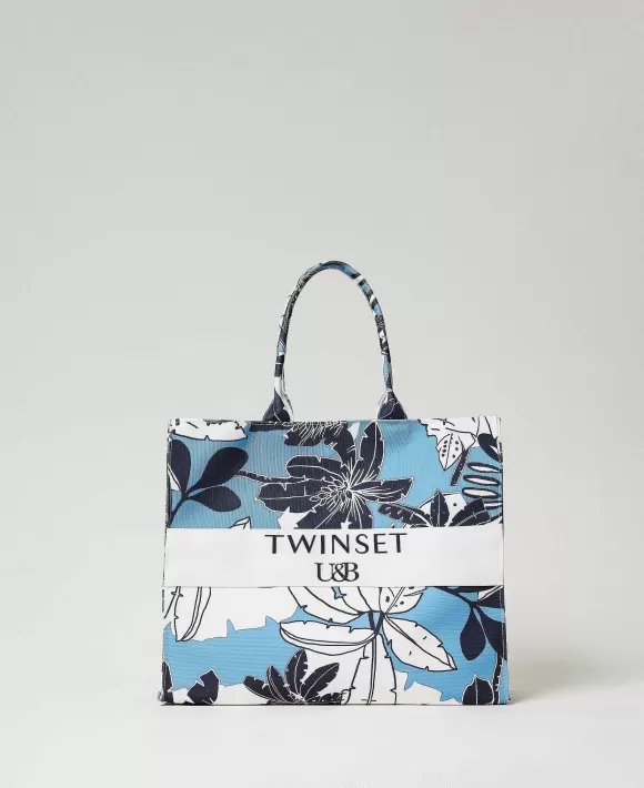 TWINSET Milano Borsa Shopper In Canvas A Fiori Azzurro Shop