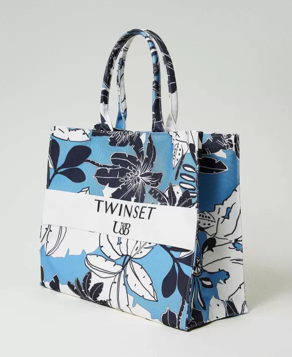 TWINSET Milano Borsa Shopper In Canvas A Fiori Azzurro Shop