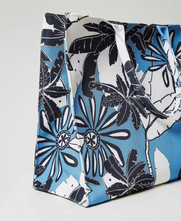 TWINSET Milano Borsa Shopper In Canvas A Fiori Azzurro Shop