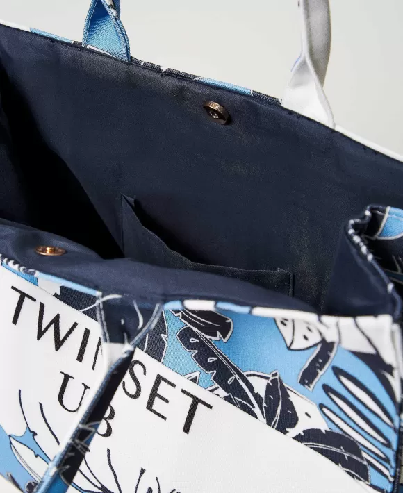 TWINSET Milano Borsa Shopper In Canvas A Fiori Azzurro Shop