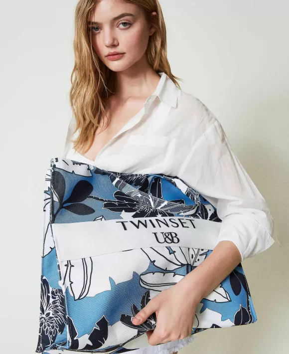 TWINSET Milano Borsa Shopper In Canvas A Fiori Azzurro Shop