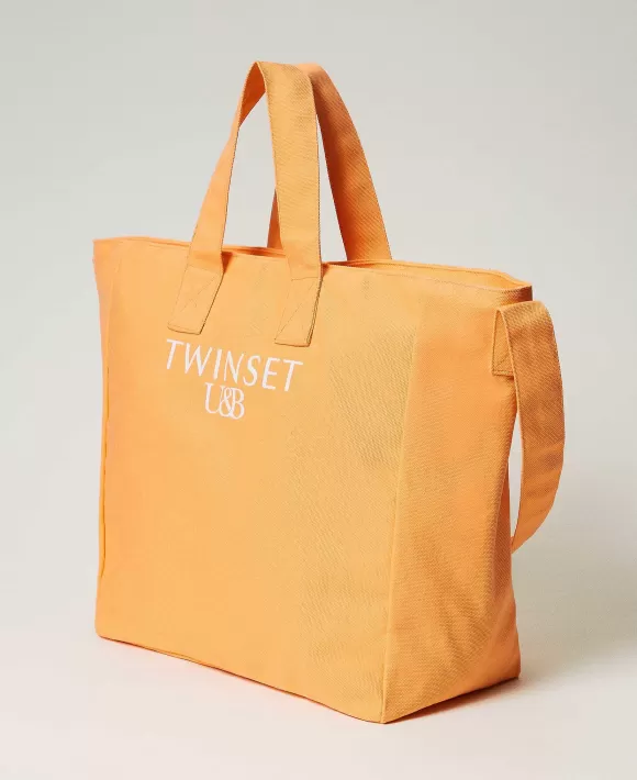 TWINSET Milano Borsa Shopper In Canvas Con Logo Arancio Cheap