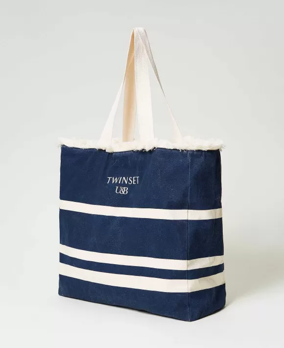 TWINSET Milano Borsa Shopper In Canvas Con Righe Nero Outlet