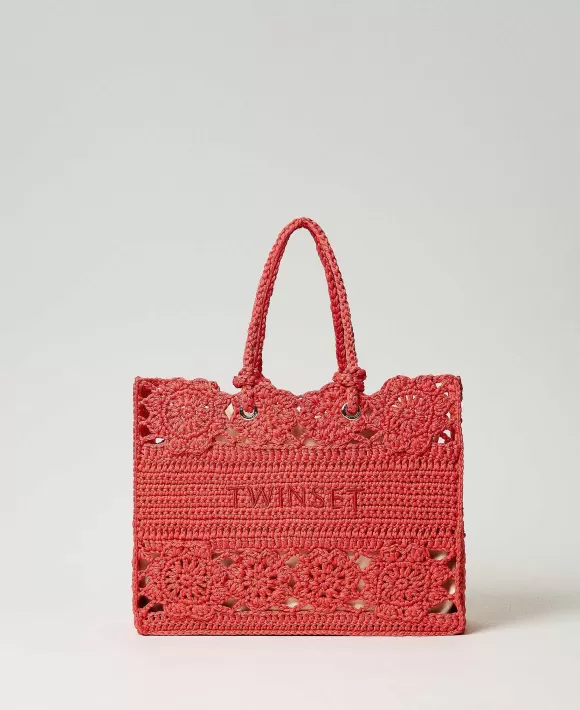 TWINSET Milano Borsa Shopper In Crochet A Fiori Rosa Hot