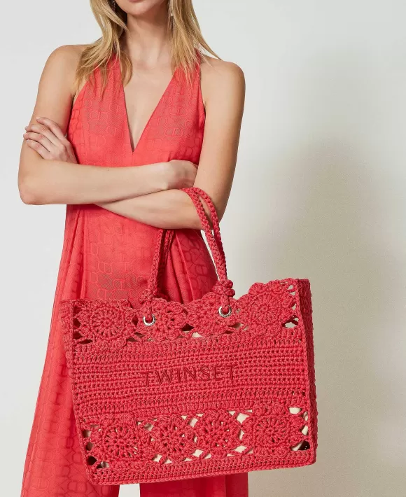 TWINSET Milano Borsa Shopper In Crochet A Fiori Rosa Hot