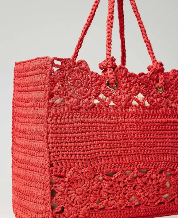 TWINSET Milano Borsa Shopper In Crochet A Fiori Rosa Hot