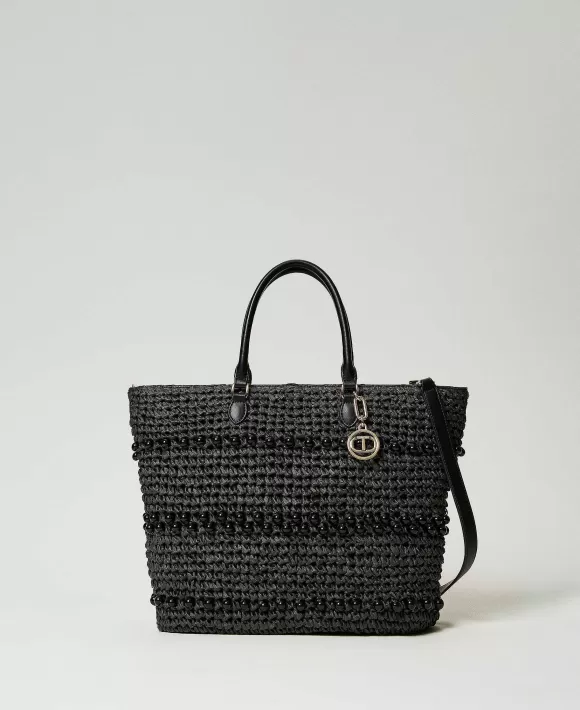 TWINSET Milano Borsa Shopper In Rafia Crochet Con Perle Nero Clearance