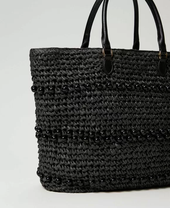 TWINSET Milano Borsa Shopper In Rafia Crochet Con Perle Nero Clearance