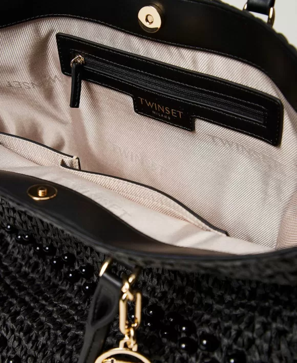 TWINSET Milano Borsa Shopper In Rafia Crochet Con Perle Nero Clearance