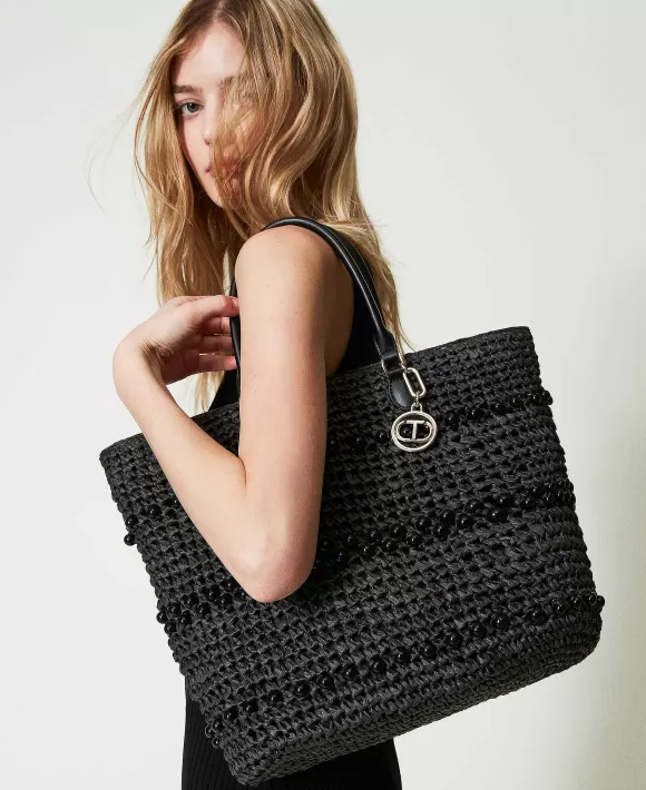 TWINSET Milano Borsa Shopper In Rafia Crochet Con Perle Nero Clearance