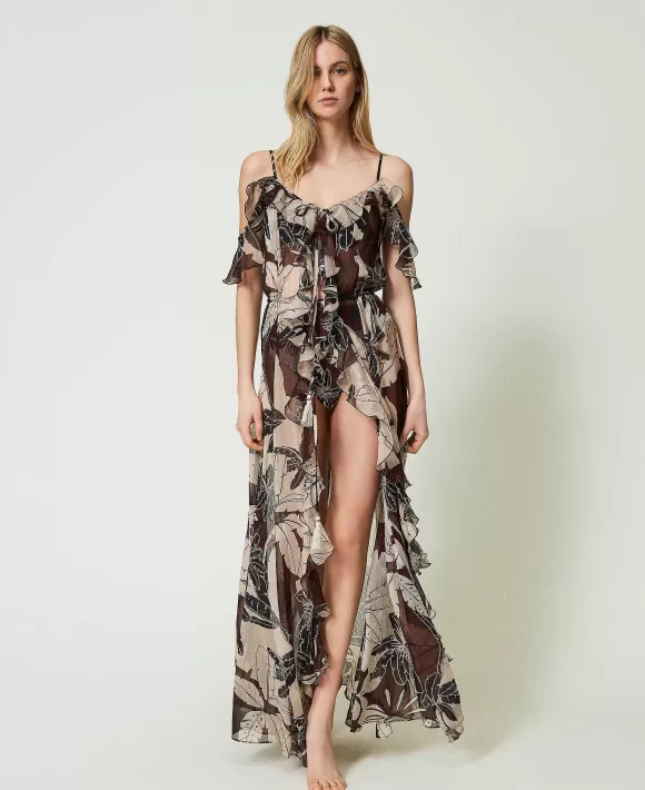 TWINSET Milano Caftano Lungo In Creponne Stampato Marrone Best Sale