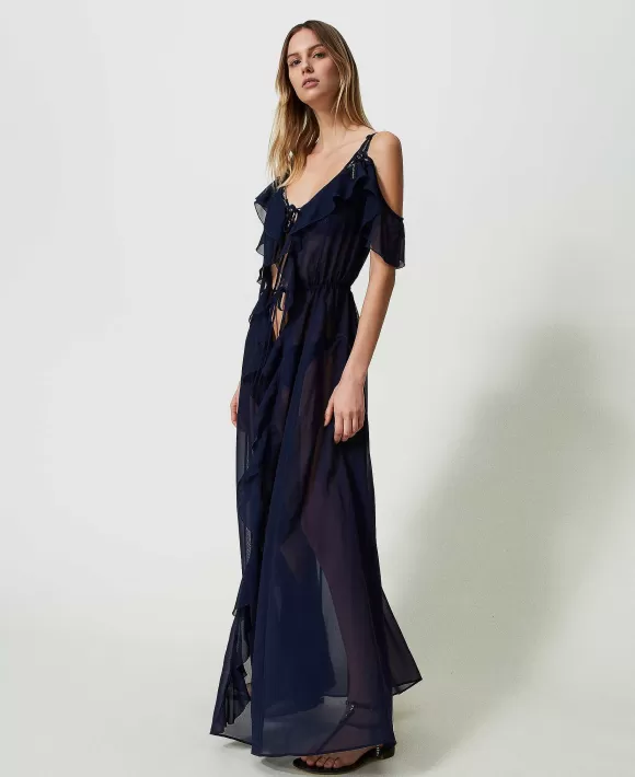 TWINSET Milano Caftano Lungo In Georgette Blu Discount
