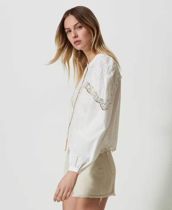 TWINSET Milano Camicia Con Ricami A Fiori Bianco New