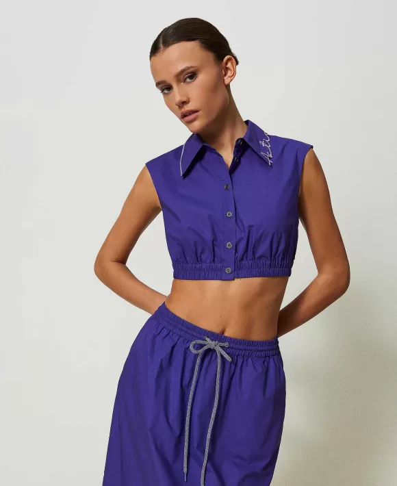 TWINSET Milano Camicia Cropped Myfo In Popeline Con Ricamo Logo Viola Cheap