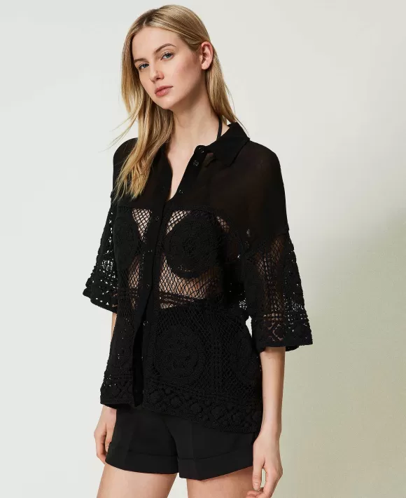 TWINSET Milano Camicia In Creponne E Crochet Nero Clearance