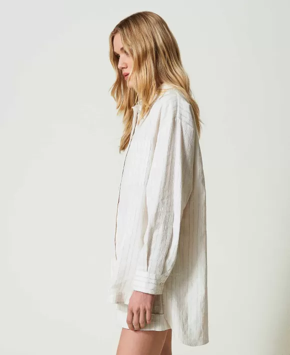 TWINSET Milano Camicia In Misto Lino A Righe Lurex Bianco Flash Sale