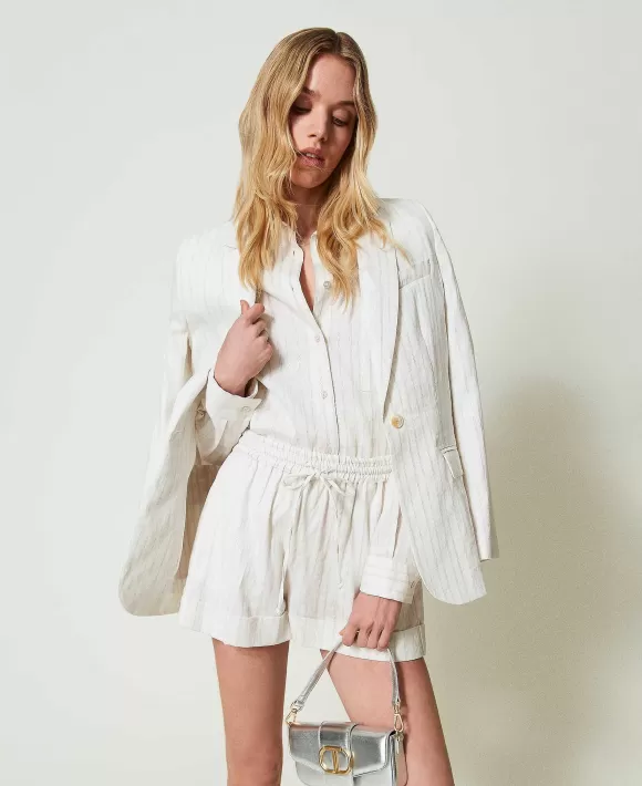 TWINSET Milano Camicia In Misto Lino A Righe Lurex Bianco Flash Sale
