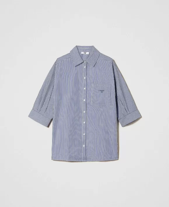 TWINSET Milano Camicia In Popeline A Righe Con Logo Blu Hot