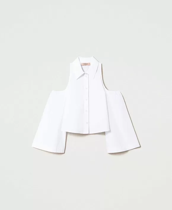 TWINSET Milano Camicia In Popeline Stretch Con Cut-Out Bianco Hot