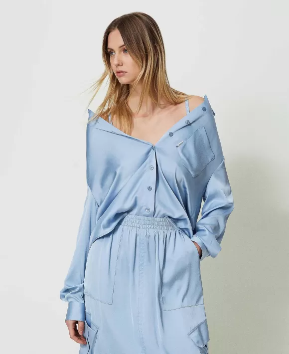 TWINSET Milano Camicia In Raso Con Taschino Azzurro Fashion