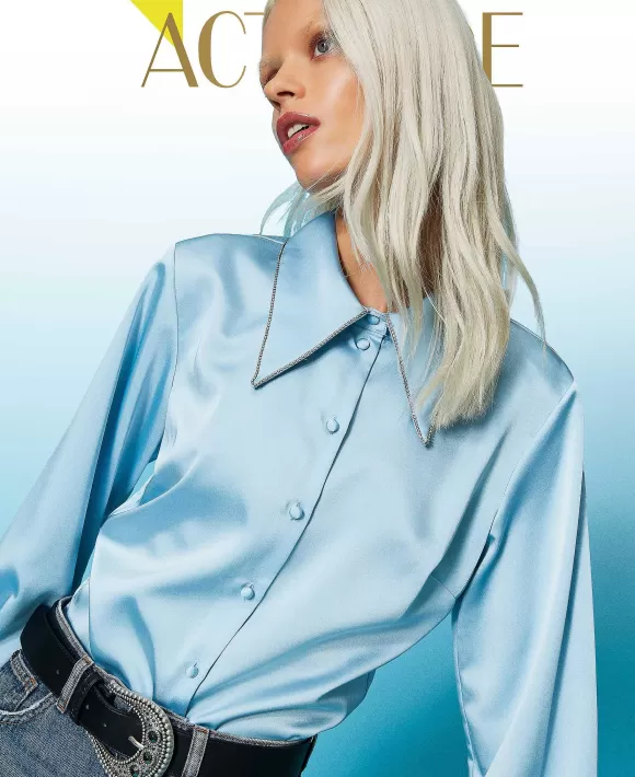TWINSET Milano Camicia In Satin Con Strass Azzurro Cheap