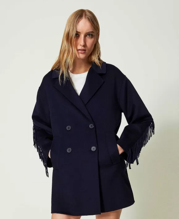 TWINSET Milano Cappotto In Double Di Lana Con Frange Blu Hot