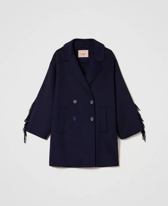 TWINSET Milano Cappotto In Double Di Lana Con Frange Blu Hot