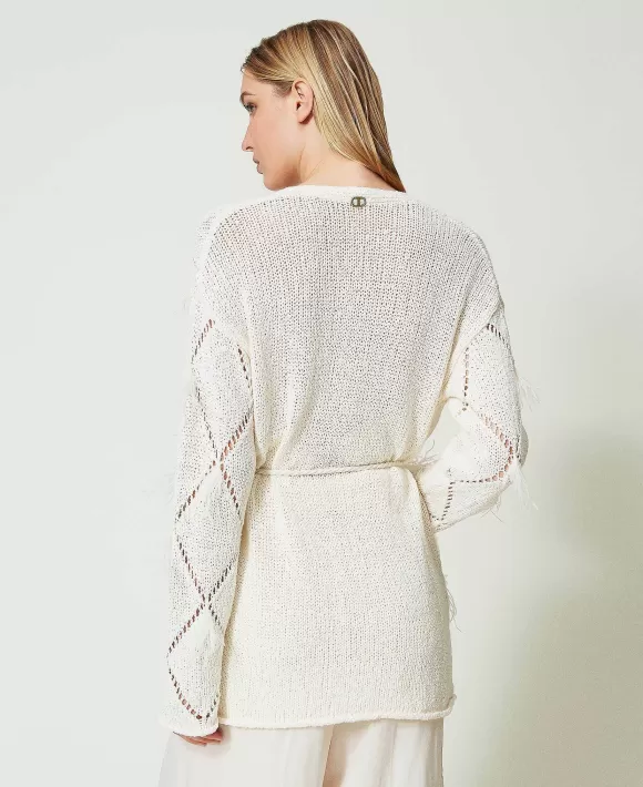 TWINSET Milano Cardigan A Losanghe Con Piume Bianco Fashion