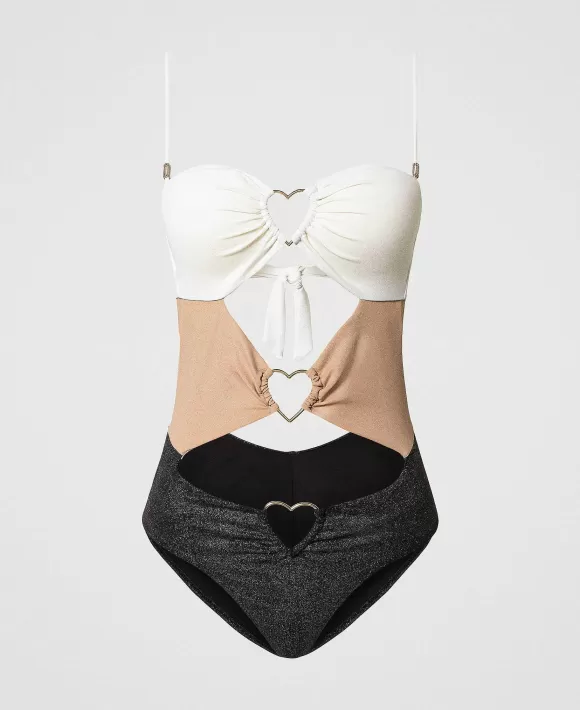TWINSET Milano Costume Intero Color Block Con Cuori Marrone Flash Sale