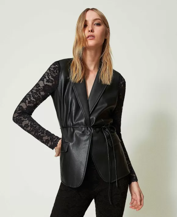 TWINSET Milano Giacca Blazer Effetto Pelle Con Pizzo Nero Cheap