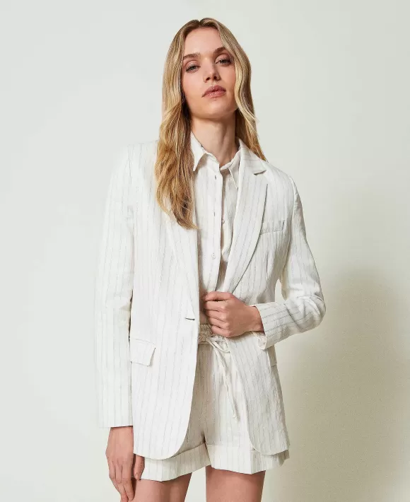 TWINSET Milano Giacca Blazer In Misto Lino A Righe Lurex Bianco Flash Sale