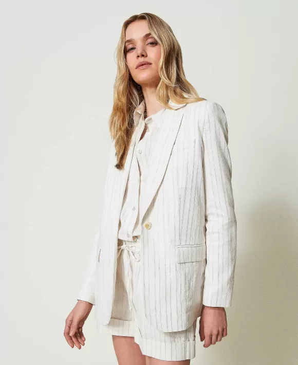 TWINSET Milano Giacca Blazer In Misto Lino A Righe Lurex Bianco Flash Sale